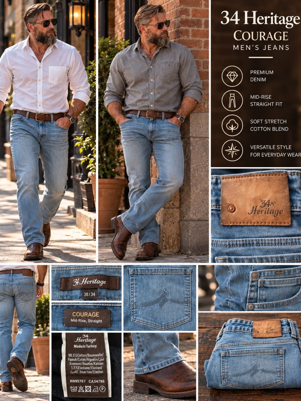 34 Heritage Courage Men’s Jeans 38x34 Mid Rise Straight Stretch Blue Denim
